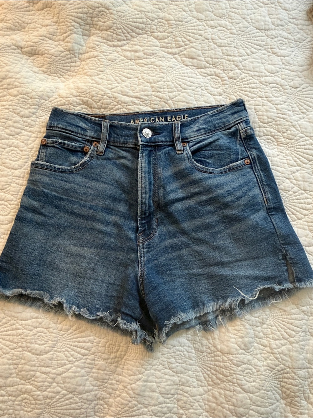 American Eagle Outfitters Dark Blue Denim High-Rise Frayed Hem Shorts